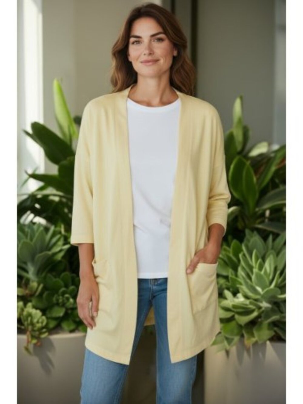 Yellow Longer Length Cardigan Top Ladies Medium Pockets